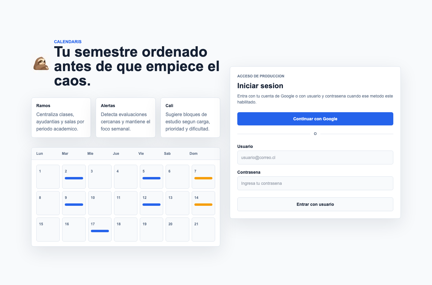 Portada de Calendaris con calendario académico y panel de acceso