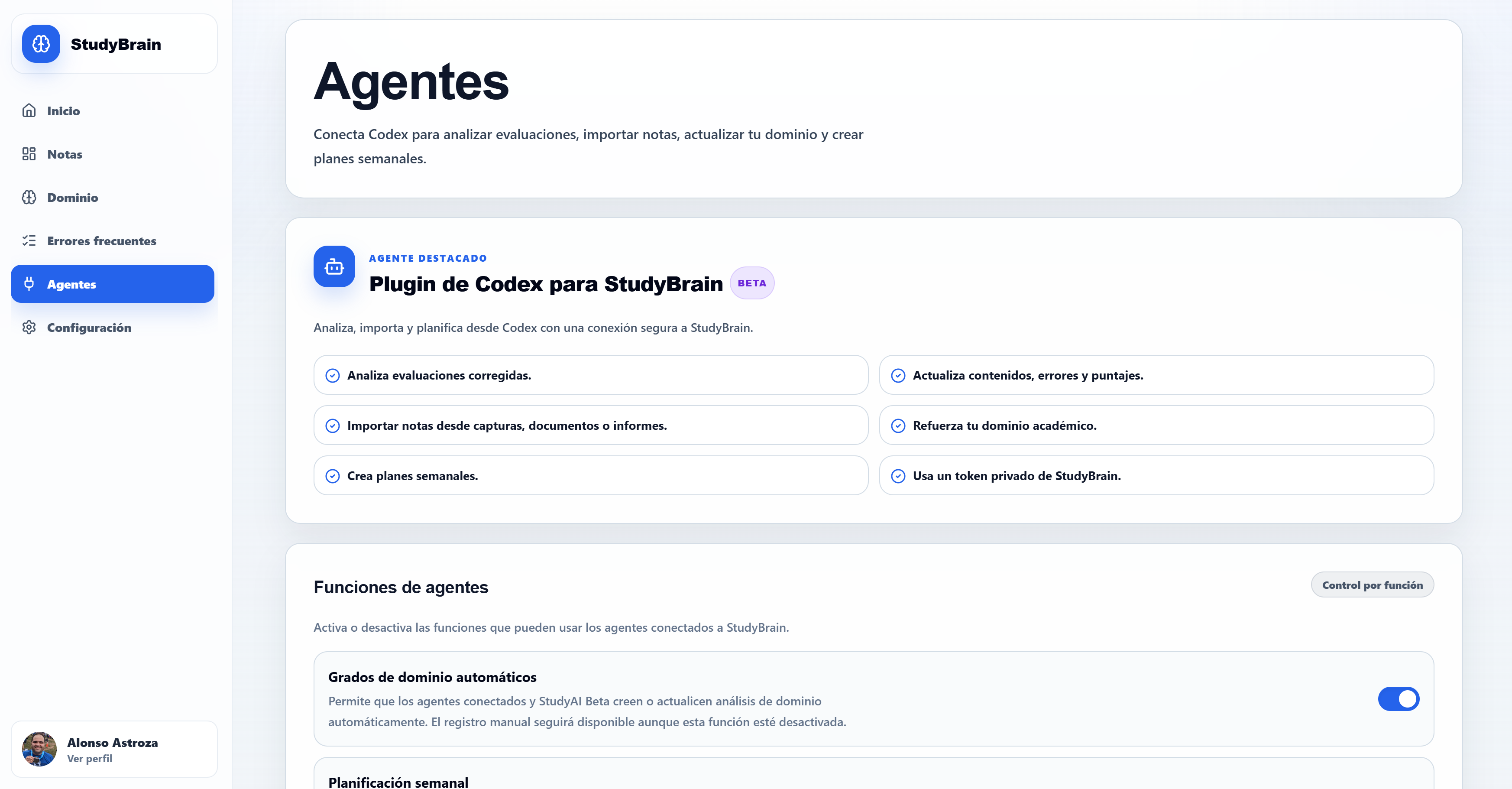 Vista de agentes de StudyBrain
